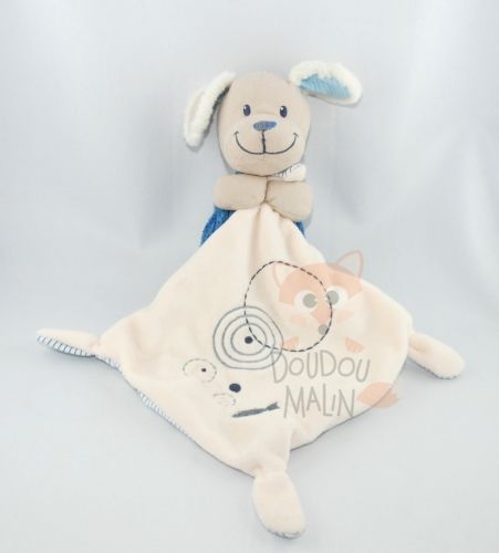 Pommette Doudou Mouchoir Chien Bleu Beige Gris Poisson