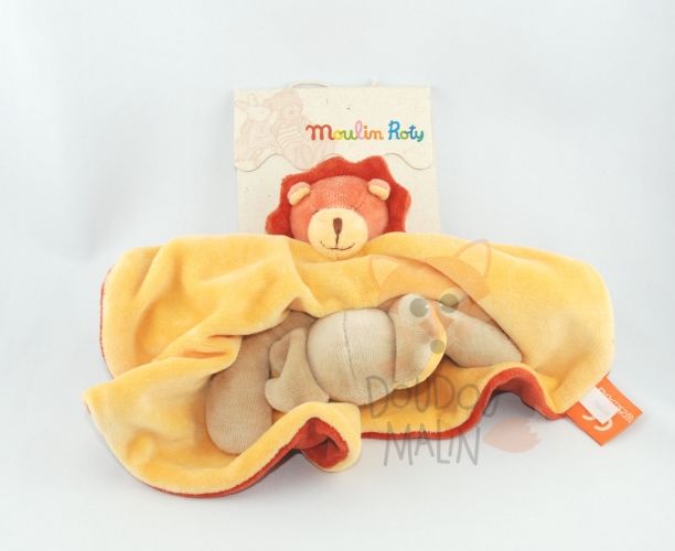 DOUDOU PELUCHE MOULIN ROTY LION LES LOUSTICS JAUNE ORANGE 29cm LIRE SVP B.ET F9