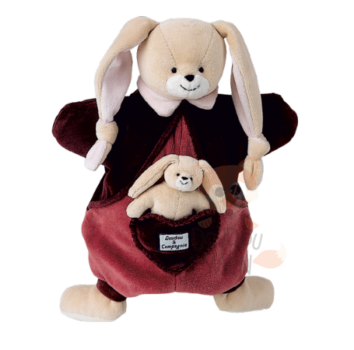 Doudou et compagnie marionnette lapin avec bébé rouge bordeaux beige