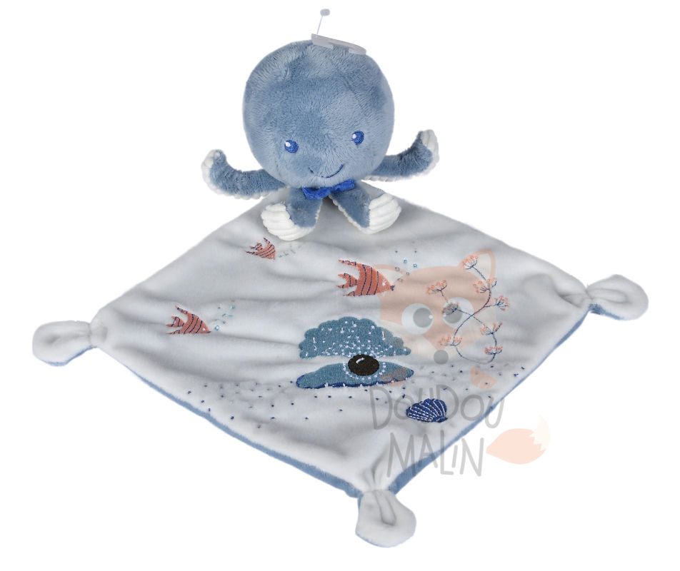 Tex Doudou plat poulpe pieuvre bleu coquillage 25 cm