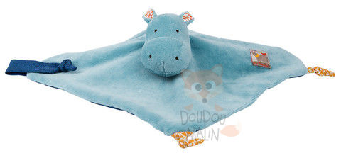 Doudou plat hippopotame bleu gris beige Les Papoum MOULIN ROTY dentition 20 