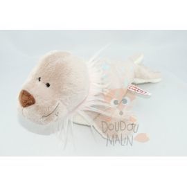  peluche otarie phoque beige crème col rose tache bleu 