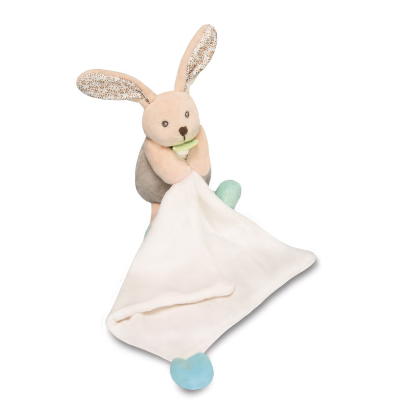 Peluche lapin bleu avec mouchoir, idée cadeau de naissance bébé garçon