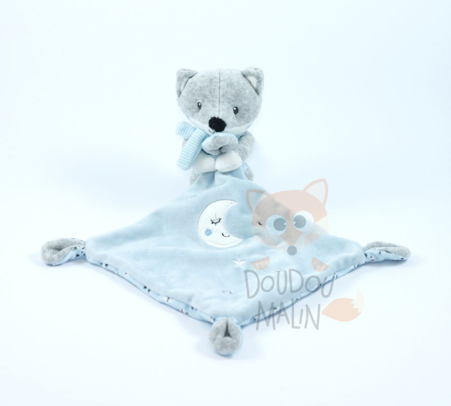 Pommette Doudou Mouchoir Renard Bleu Gris Lune Etoile