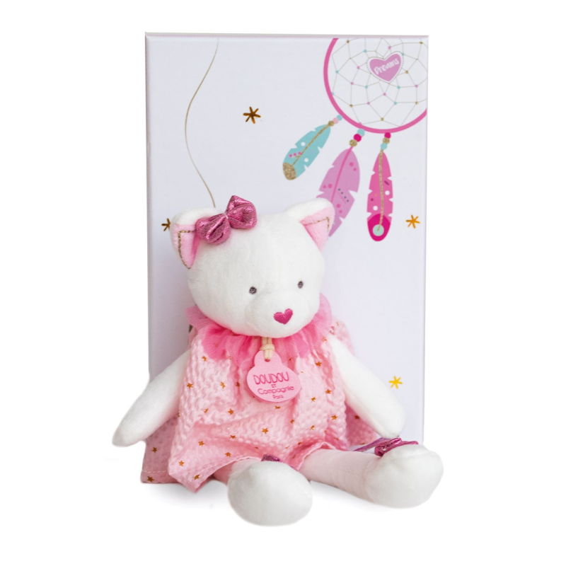 Doudou et compagnie - Attrape-rêve Peluche chat rose blanc 20 cm