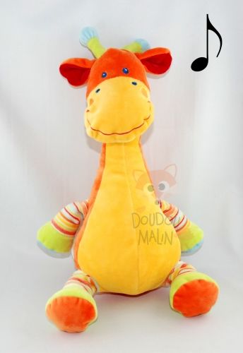 Doudou Girafe Vache orange jaune vert et bleu rayé Mots d'Enfants 32 cm 