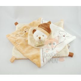 Babynat ours plat carré marron beige blanc fleur 