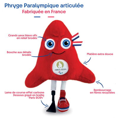  - peluche articulée mascotte para les phryges made in france jeux olympiques paris 2024 - 28 cm 