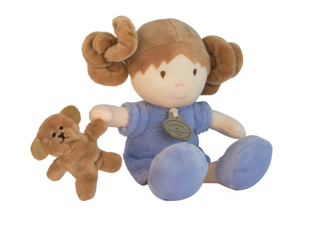 Doudou et compagnie poupée fille mauve avec ours Les Demoiselles