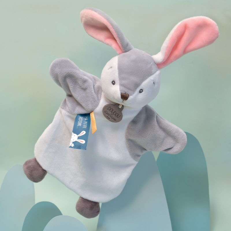  - marionnette lapin gris blanc 25 cm 