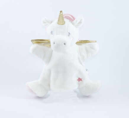  marionnette licorne blanc rose or 