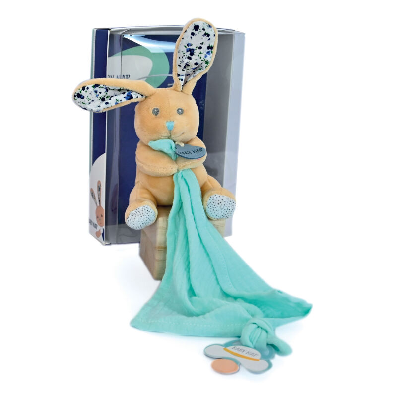  - les poupis - coffret avec mouchoir lange lapin turquoise 18 cm 