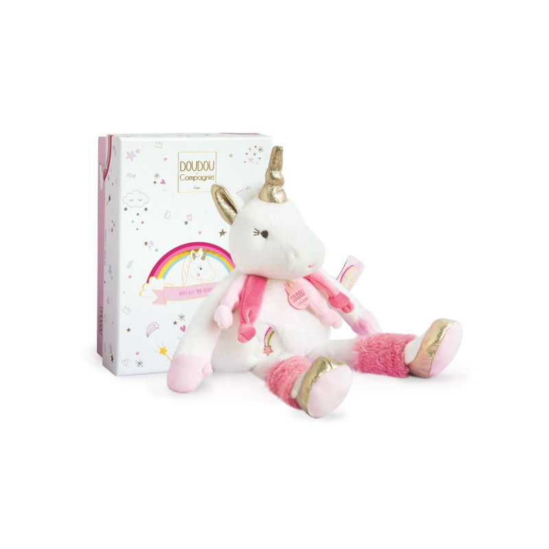 Doudou Licorne Plat - Lucie La Licorne - 20 Cm - Rose, Blanc, Doré - Idée Cadeau Naissance Fille - Garantie Doudou Perdu
