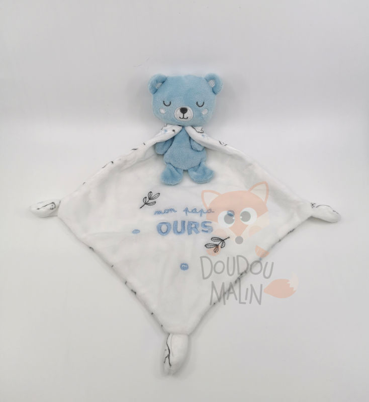 Doudou ours carré plat velours bleu blanc nuage Nattou 26 cm - Nattou