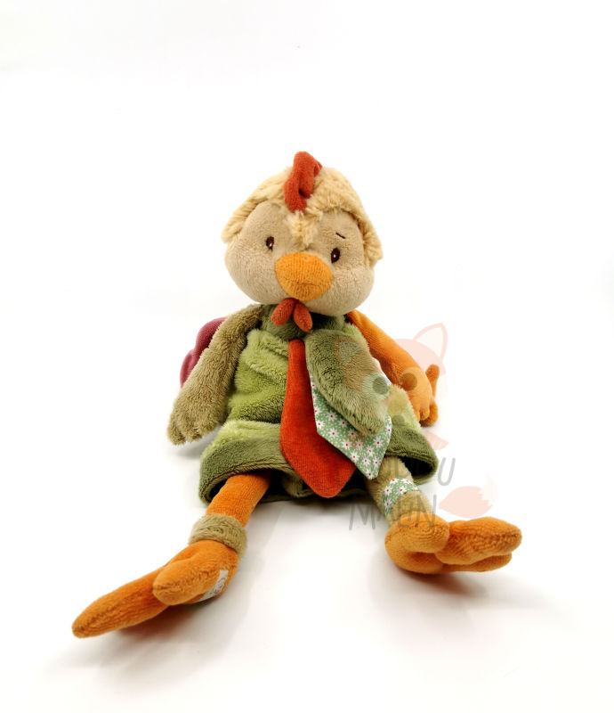 Bukowski - Peluche doudou coq vert orange beige 30 cm