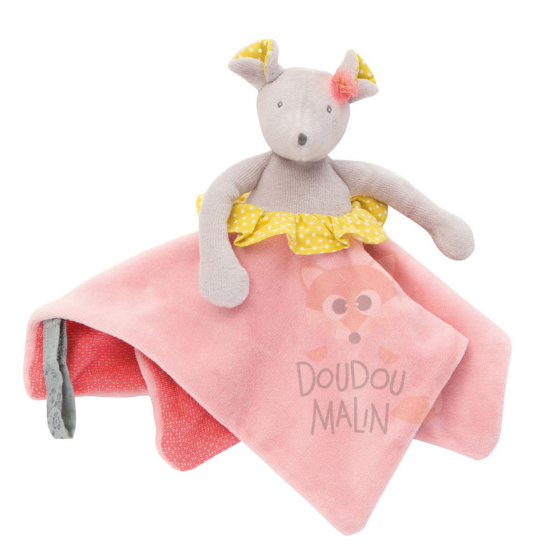 Doudou Plat Souris Mademoiselle et Ribambelle Rose Jaune Attache Tét Moulin Roty