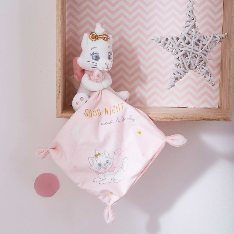 Disney Marie le chat Doudou mouchoir Good night sweet & lovely rose blanc