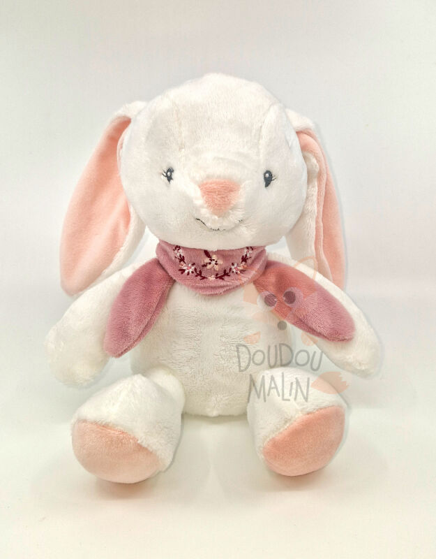  - peluche lapin assis rose blanc fleur 25 cm 