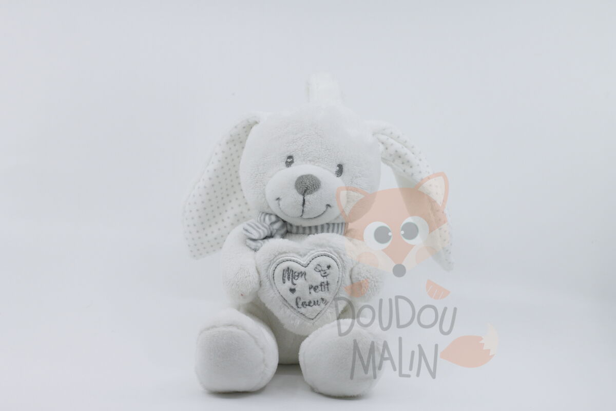  - boîte à musique - lapin blanc gris mon petit coeur 25 cm 