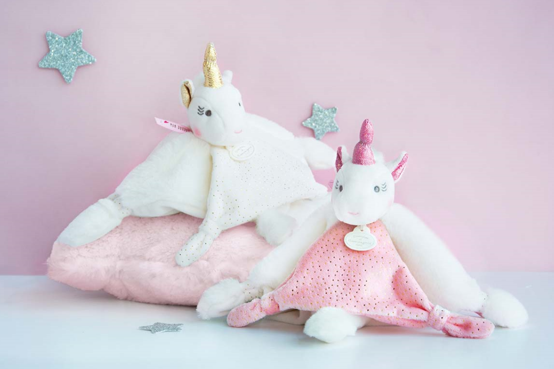 doudou et compagnie doudou plat licorne rose or